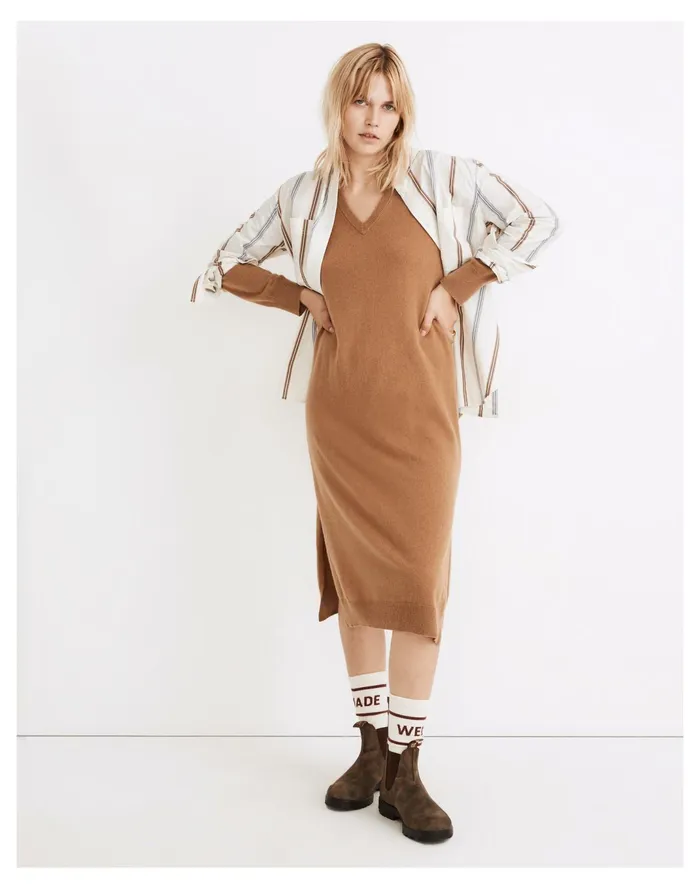 Women Resourced Cashmere V Neck Midi Dress Honey Chestnut Madewell Dresses