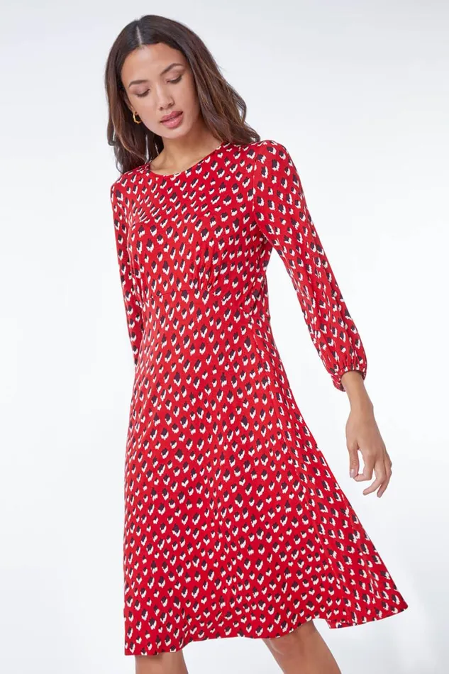Women Red Abstract Animal Print Tea Dress Roman Dresses