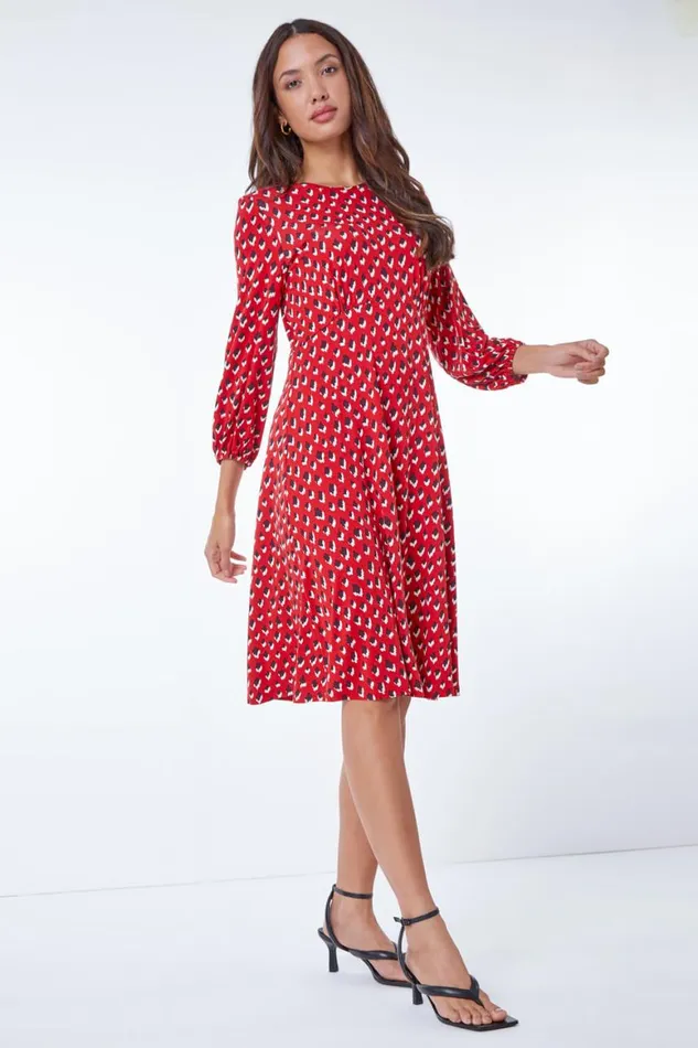 Women Red Abstract Animal Print Tea Dress Roman Dresses