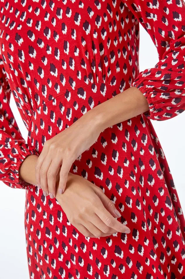 Women Red Abstract Animal Print Tea Dress Roman Dresses