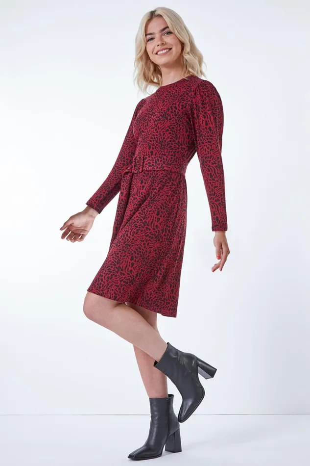 Women Red Animal Print Belted Fit and Flare Dress Roman Dresses