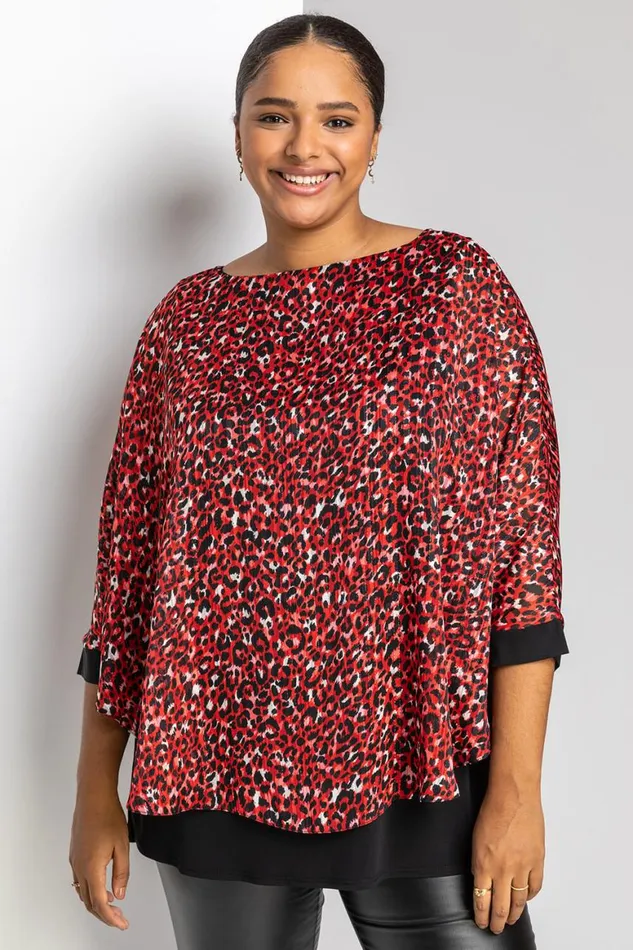 Women Red Curve Animal Print Overlay Top Roman Tops
