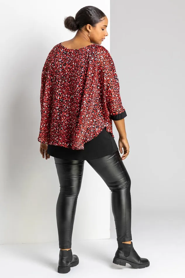 Women Red Curve Animal Print Overlay Top Roman Tops