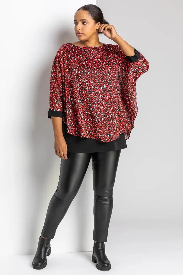 Women Red Curve Animal Print Overlay Top Roman Tops