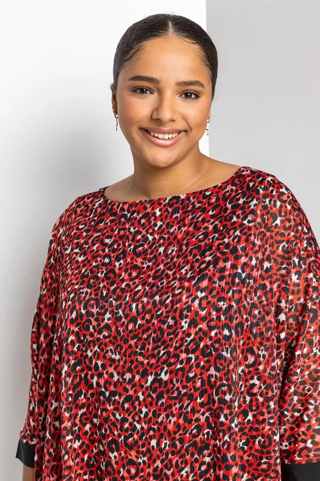 Women Red Curve Animal Print Overlay Top Roman Tops