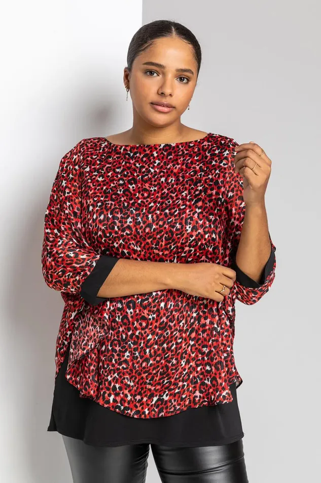 Women Red Curve Animal Print Overlay Top Roman Tops