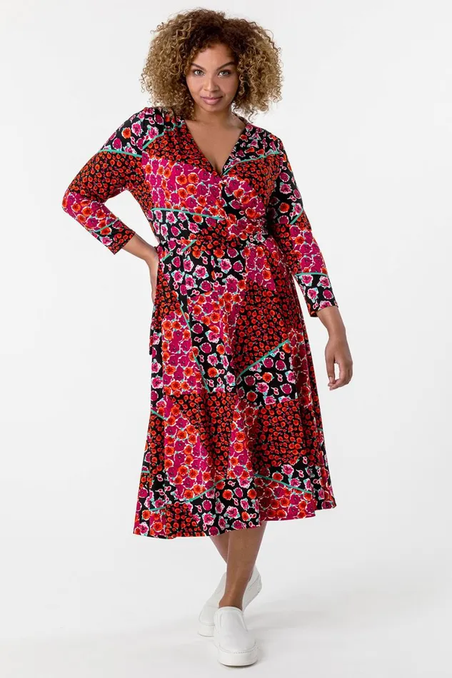 Women Red Curve Patchwork Floral Print Wrap Dress Roman Dresses