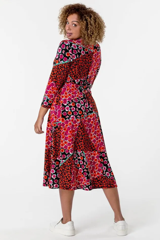 Women Red Curve Patchwork Floral Print Wrap Dress Roman Dresses
