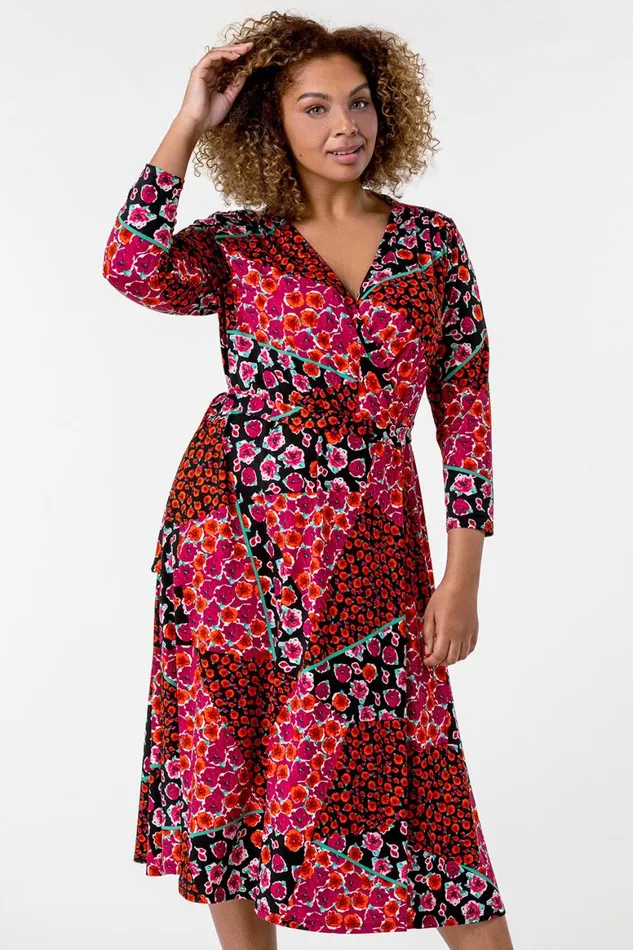 Women Red Curve Patchwork Floral Print Wrap Dress Roman Dresses