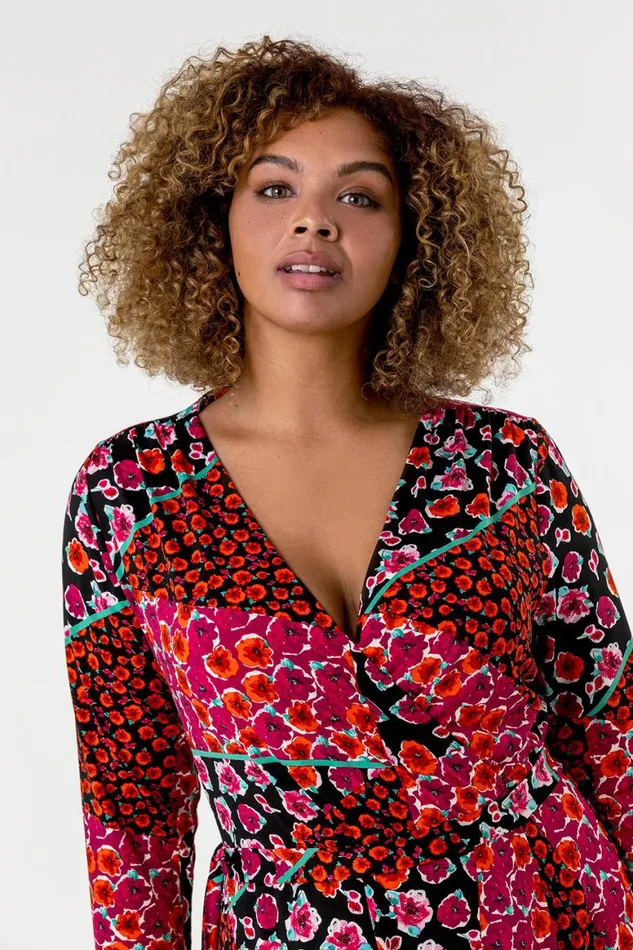 Women Red Curve Patchwork Floral Print Wrap Dress Roman Dresses