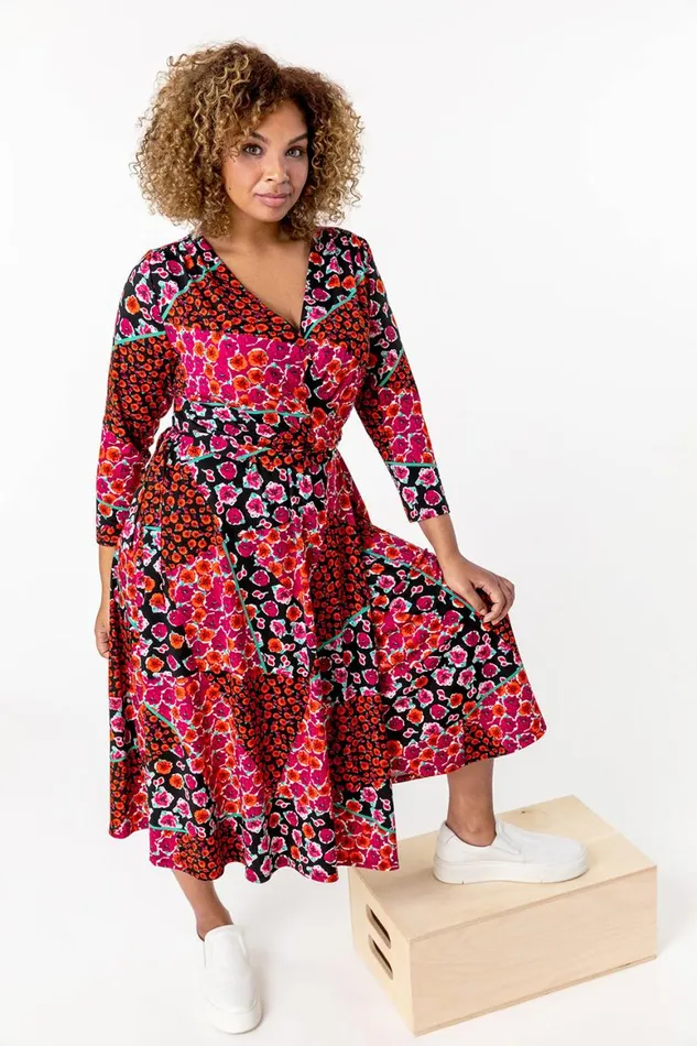 Women Red Curve Patchwork Floral Print Wrap Dress Roman Dresses