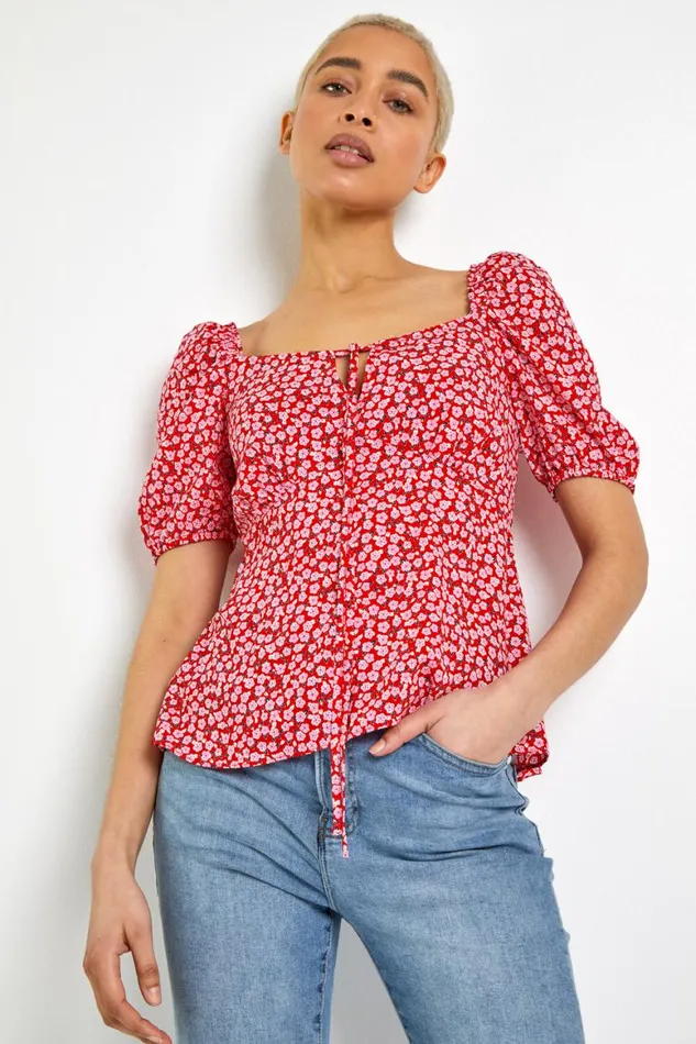 Women Red Ditsy Floral Tie Neck Peplum Top Roman Tops