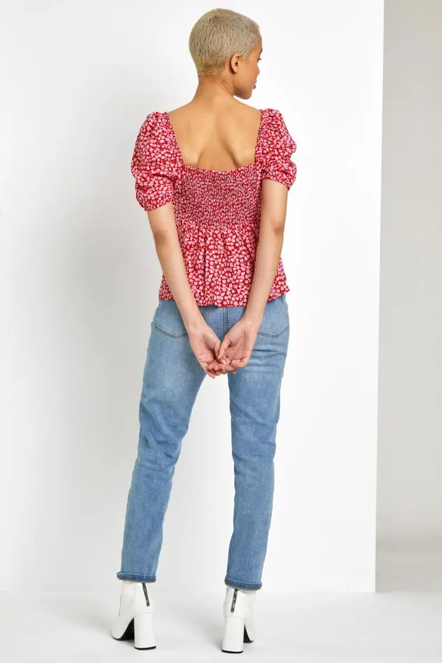 Women Red Ditsy Floral Tie Neck Peplum Top Roman Tops