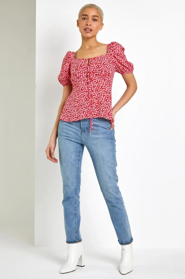 Women Red Ditsy Floral Tie Neck Peplum Top Roman Tops