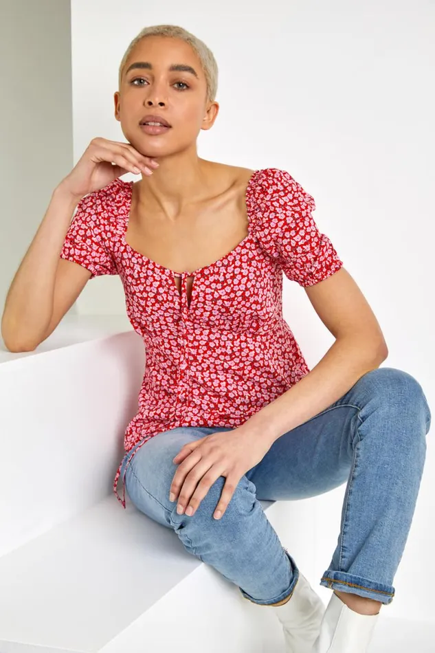 Women Red Ditsy Floral Tie Neck Peplum Top Roman Tops