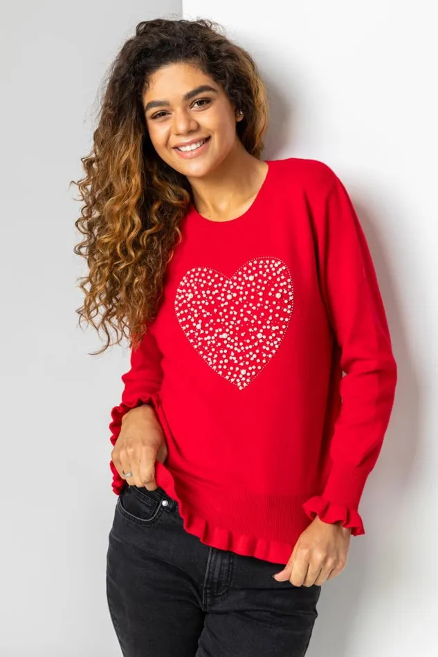 Women Red Faux Pearl Embellished Heart Jumper Roman Knitwear