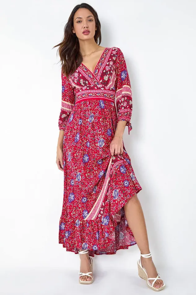 Women Red Floral Border Print Maxi Dress Roman Dresses