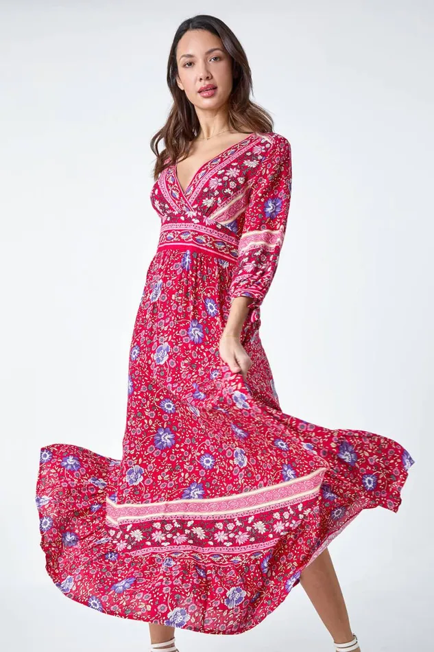 Women Red Floral Border Print Maxi Dress Roman Dresses