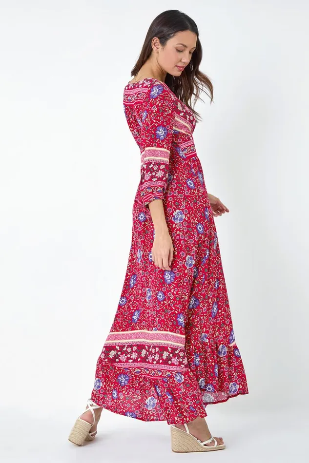 Women Red Floral Border Print Maxi Dress Roman Dresses
