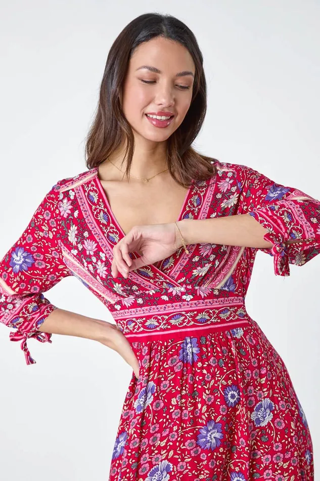 Women Red Floral Border Print Maxi Dress Roman Dresses
