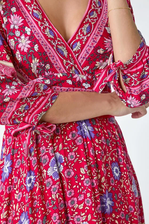 Women Red Floral Border Print Maxi Dress Roman Dresses