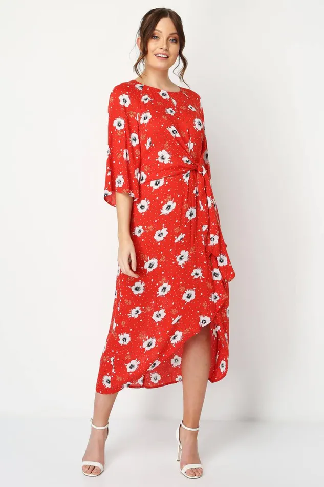 Women Red Floral Knot Waist Maxi Dress Roman Dresses