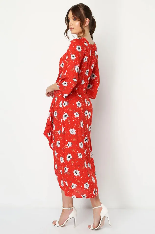 Women Red Floral Knot Waist Maxi Dress Roman Dresses