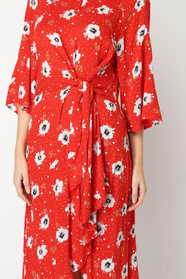 Women Red Floral Knot Waist Maxi Dress Roman Dresses