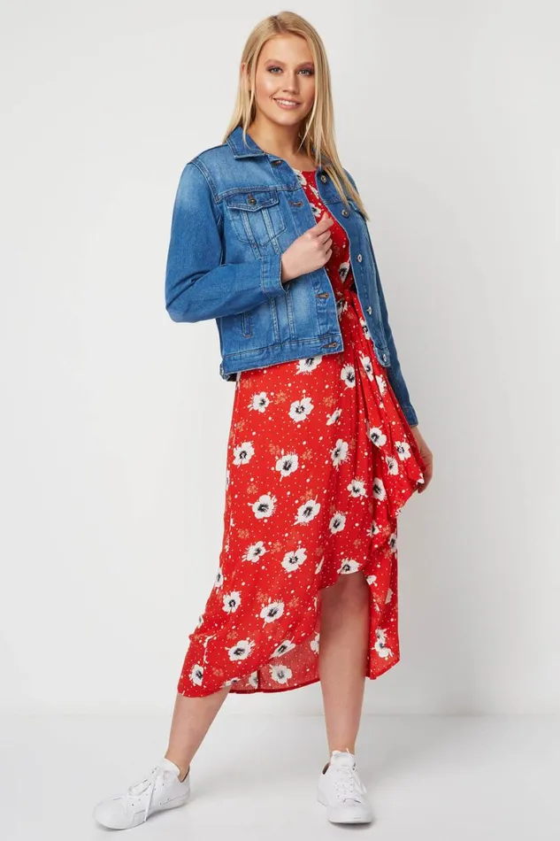 Women Red Floral Knot Waist Maxi Dress Roman Dresses