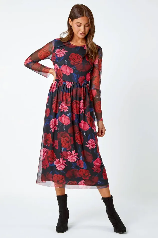 Women Red Floral Mesh Midi Stretch Dress Roman Dresses