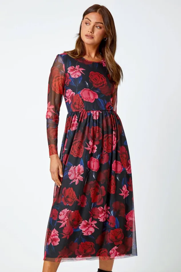 Women Red Floral Mesh Midi Stretch Dress Roman Dresses