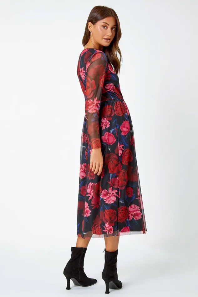 Women Red Floral Mesh Midi Stretch Dress Roman Dresses
