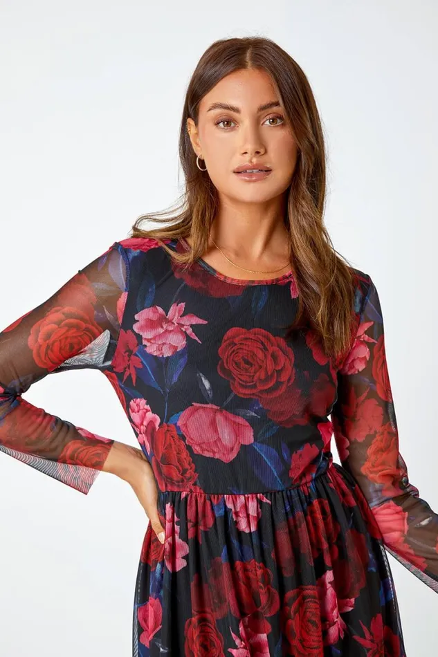 Women Red Floral Mesh Midi Stretch Dress Roman Dresses
