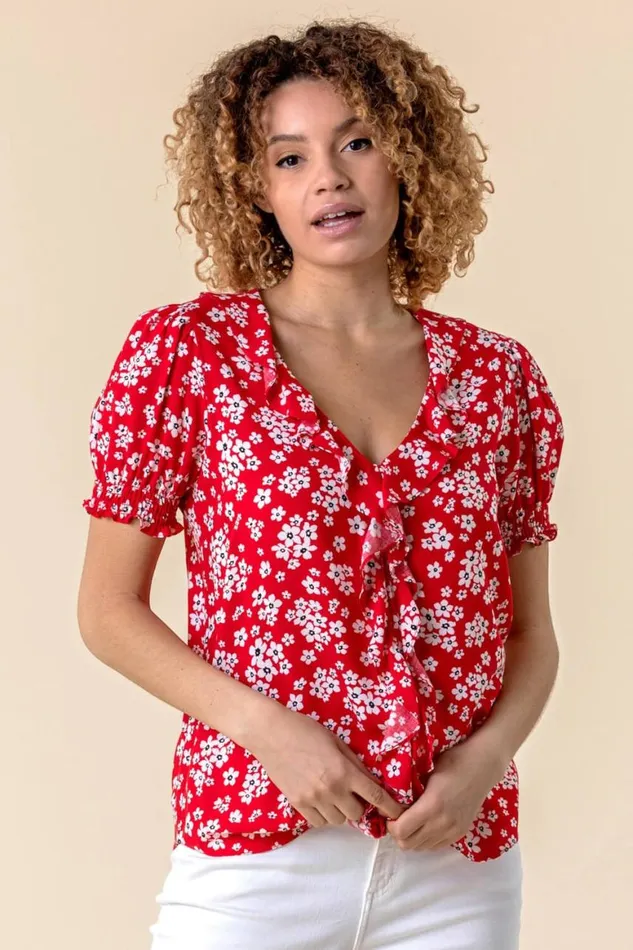 Women Red Floral Print VNeck Frill Detail Blouse Roman Tops