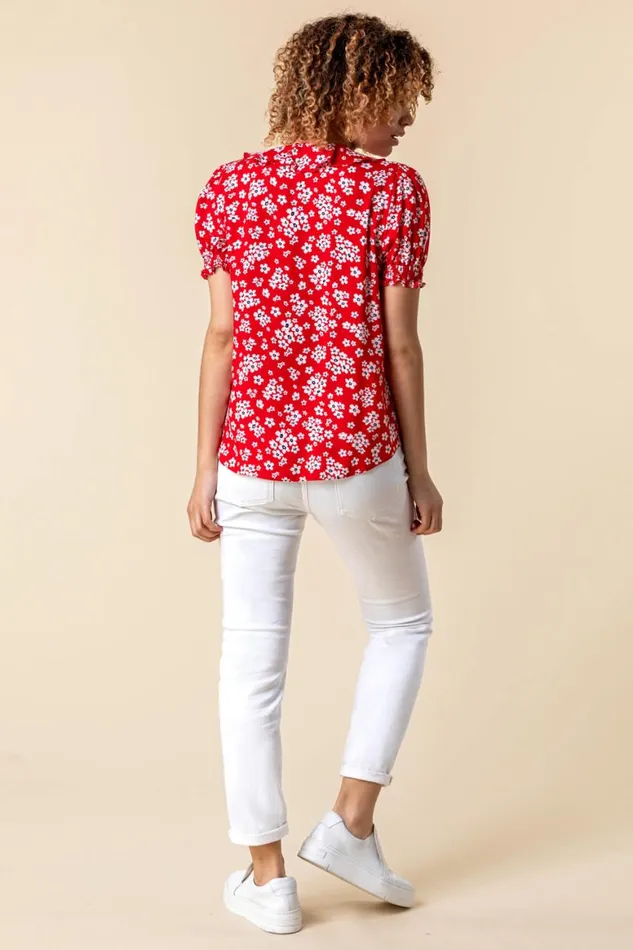 Women Red Floral Print VNeck Frill Detail Blouse Roman Tops