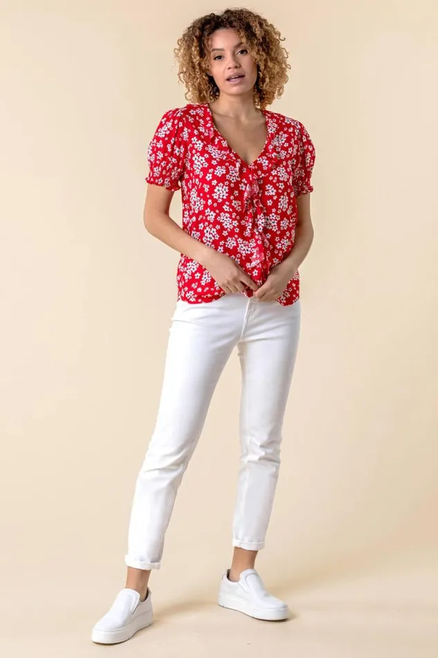 Women Red Floral Print VNeck Frill Detail Blouse Roman Tops