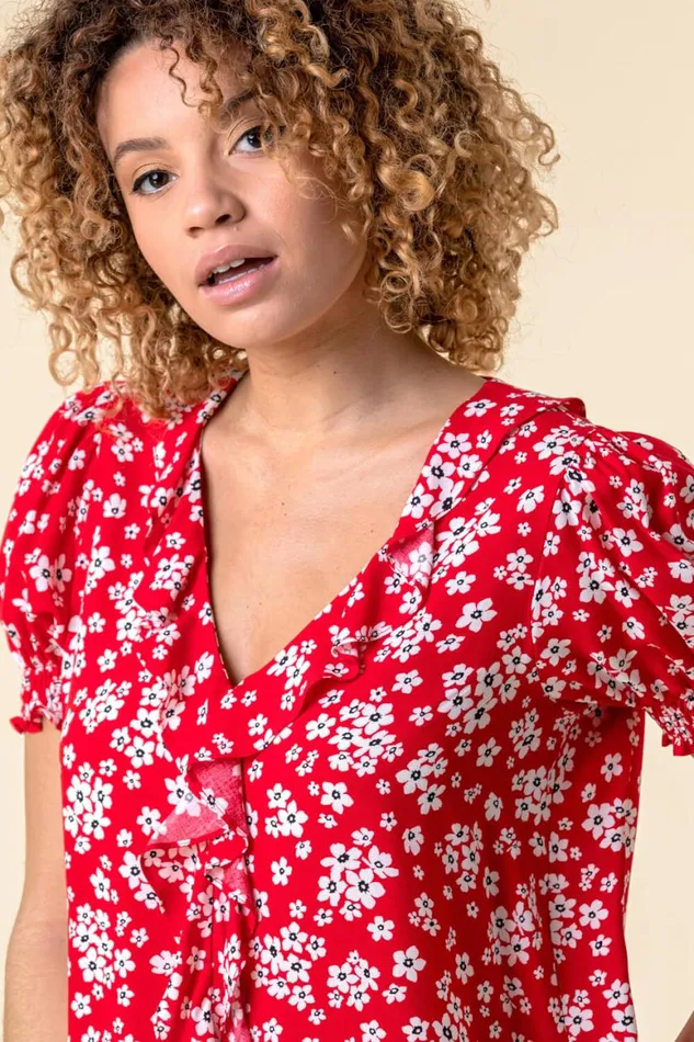 Women Red Floral Print VNeck Frill Detail Blouse Roman Tops