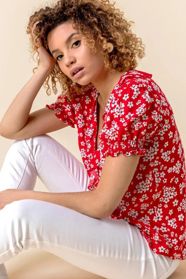 Women Red Floral Print VNeck Frill Detail Blouse Roman Tops