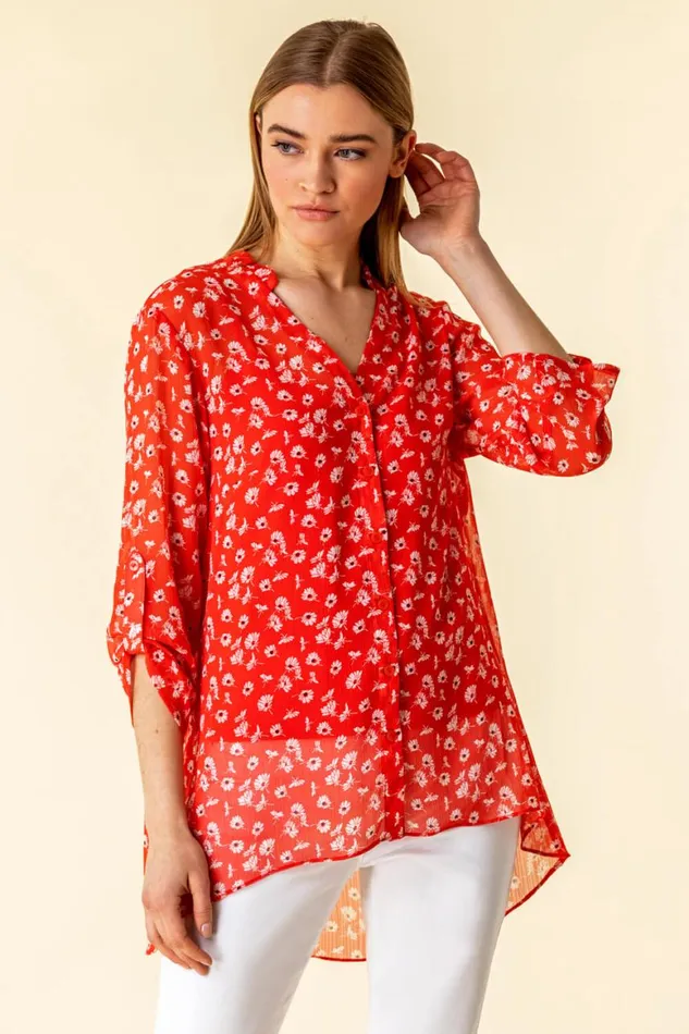 Women Red Frill Neck Floral Shirt And Cami Top Roman Tops
