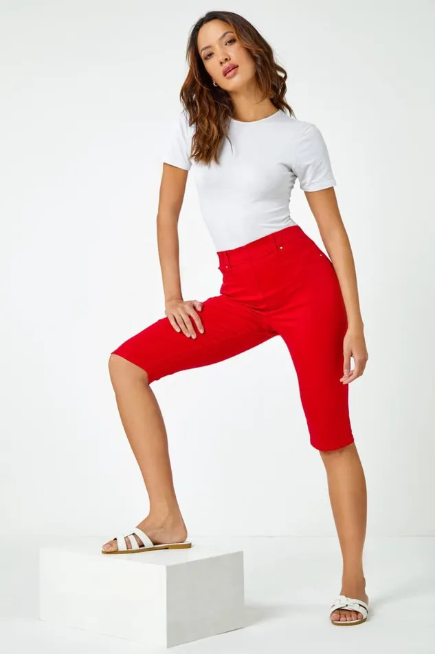 Women Red Knee Length Elastic Waist Denim Pedal Pusher Roman Trousers