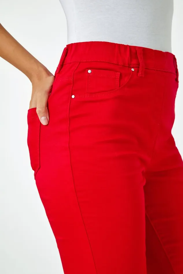 Women Red Knee Length Elastic Waist Denim Pedal Pusher Roman Trousers