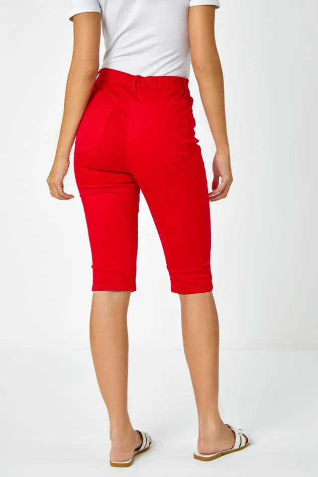 Women Red Knee Length Elastic Waist Denim Pedal Pusher Roman Trousers
