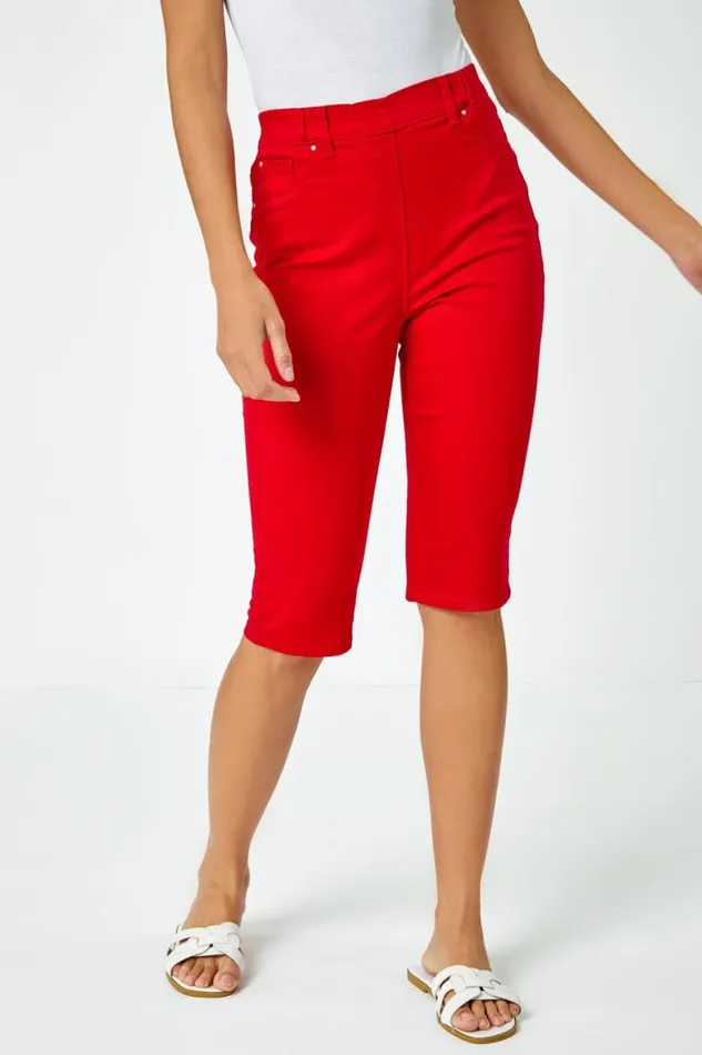 Women Red Knee Length Elastic Waist Denim Pedal Pusher Roman Trousers