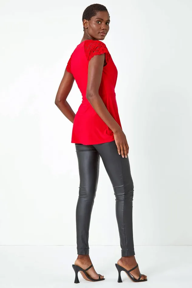 Women Red Lace Trim Stretch VNeck Wrap Top Roman Tops