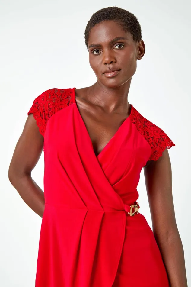 Women Red Lace Trim Stretch VNeck Wrap Top Roman Tops