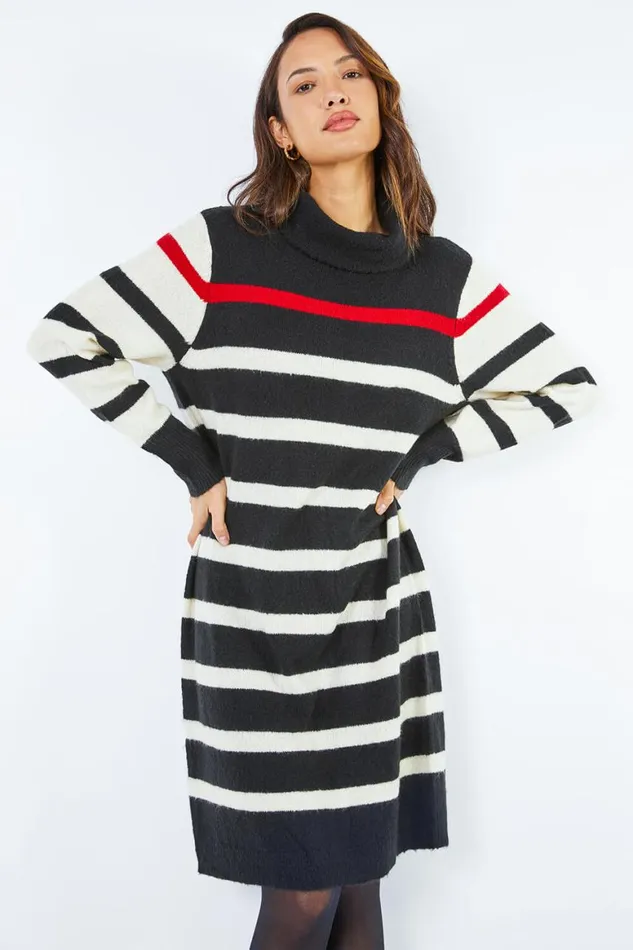 Women Red Longline Relaxed Striped Jumper Dress Roman Dresses