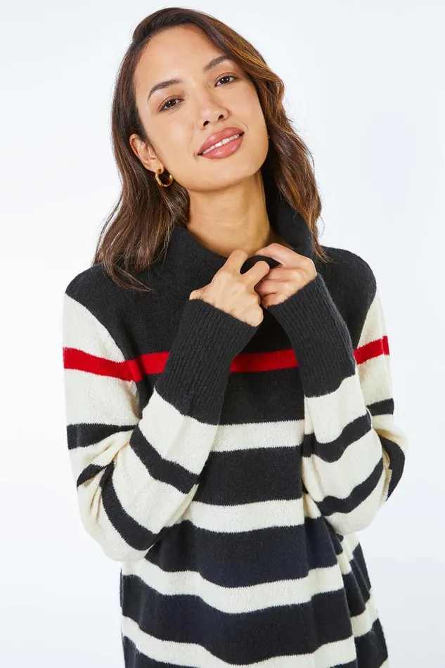 Women Red Longline Relaxed Striped Jumper Dress Roman Dresses