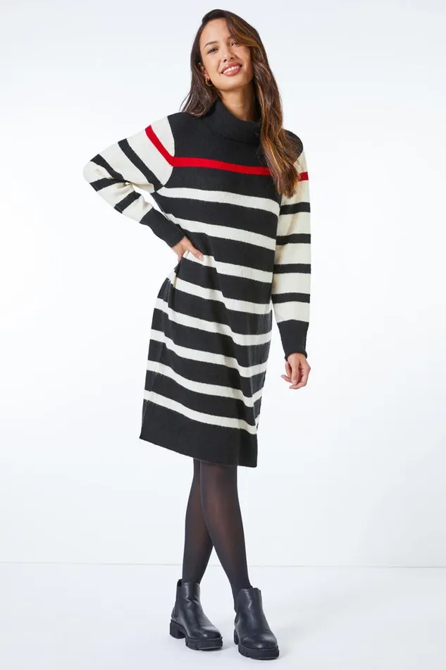 Women Red Longline Relaxed Striped Jumper Dress Roman Dresses