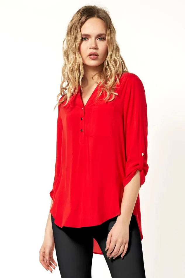 Women Red Notch Neck Button Front Tunic Top Roman Tops