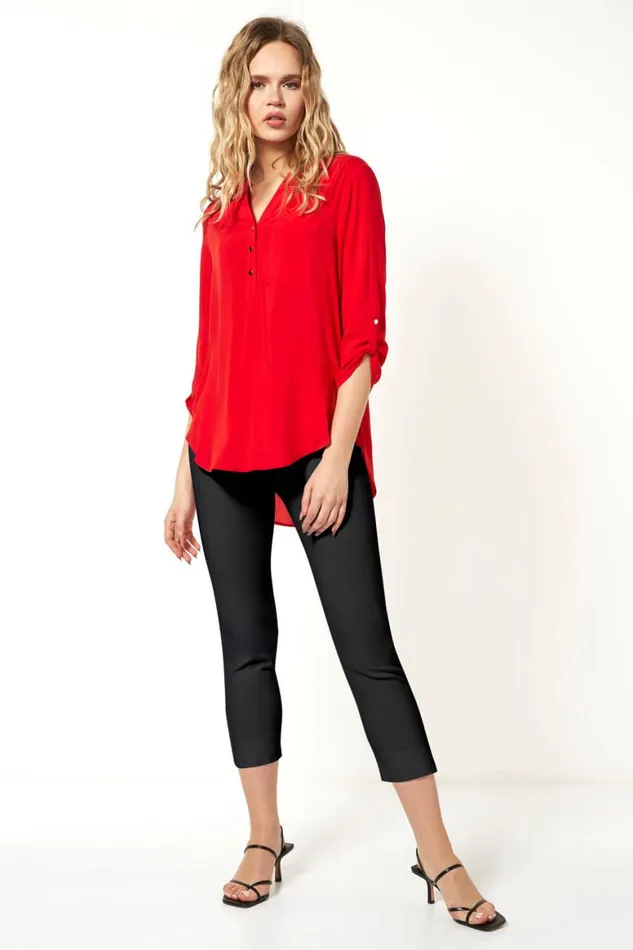 Women Red Notch Neck Button Front Tunic Top Roman Tops